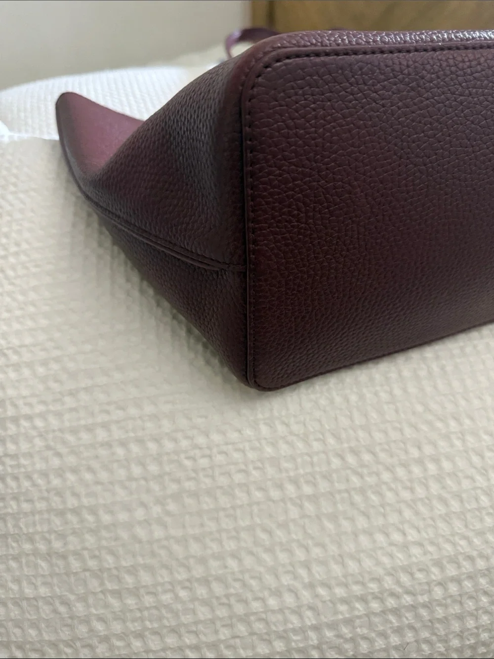 Tory Burch Perry Burgundy Pebbled Leather Tote with Gold Logo
